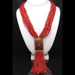 Vintage 1970s Bohemian Red Seed Bead Brass Pendant Necklace Glass Inlay